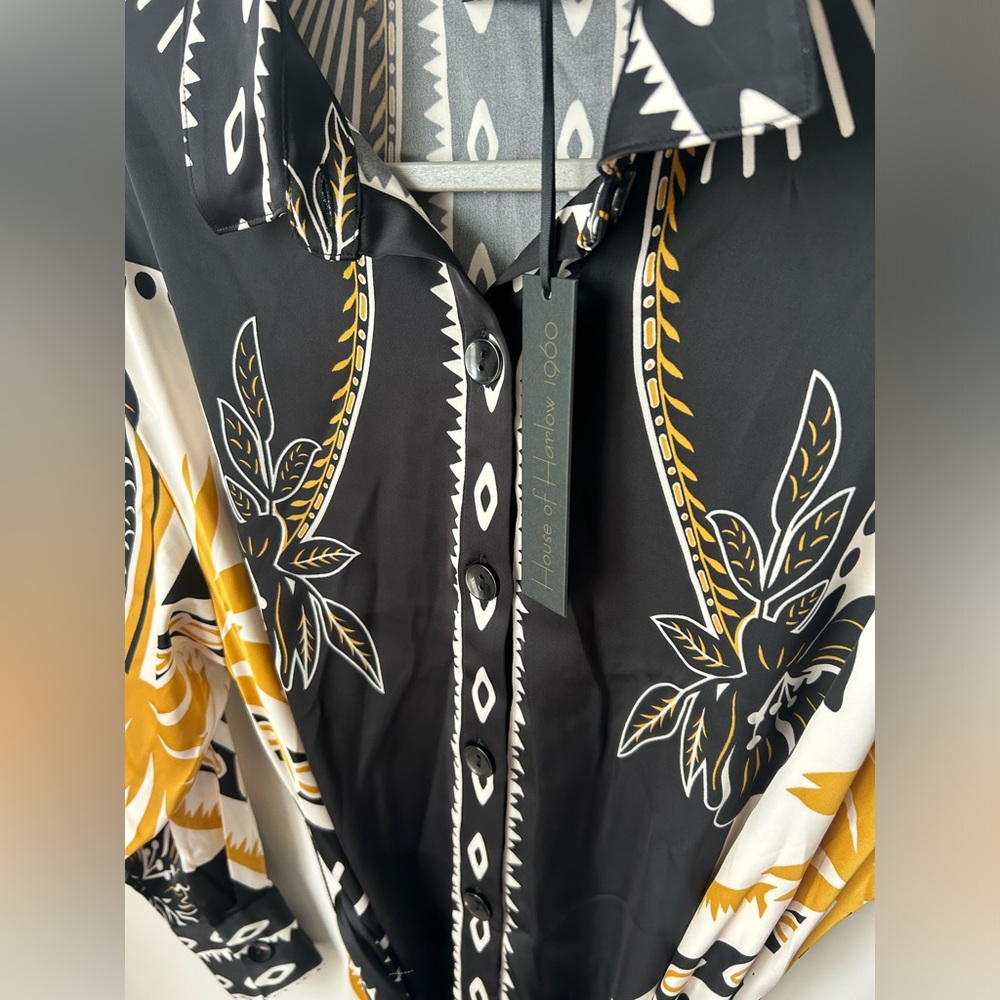 Black cream tropical Long Sleeve button up Mini Dress - Picture 2 of 4